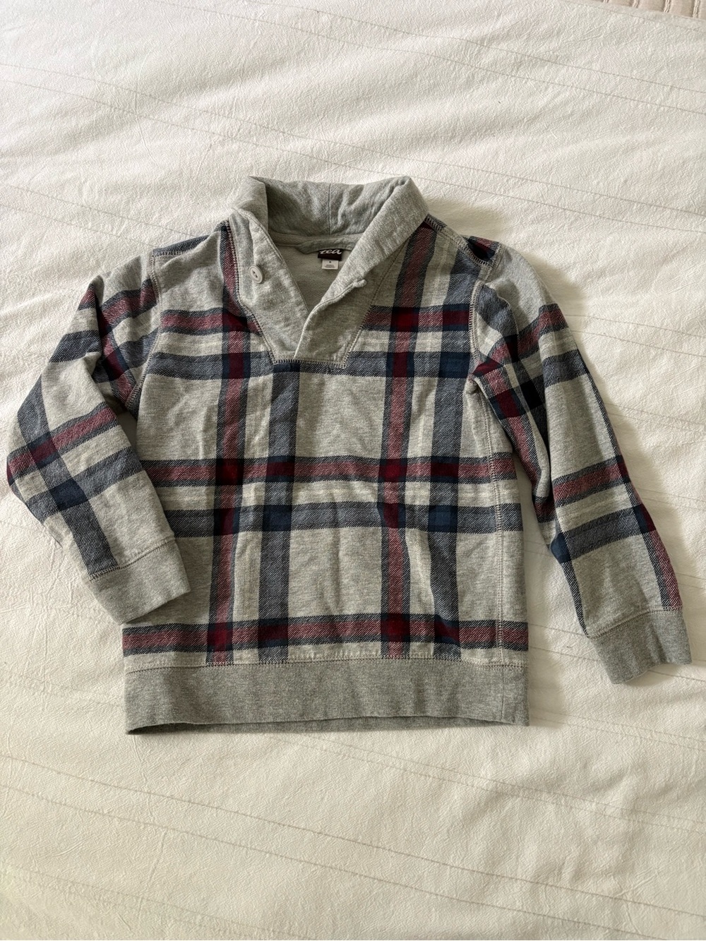 Tea Collection Shawl Collar Pull Over Sweatshirt Gray Red Blue Plaid Boys Size 6
